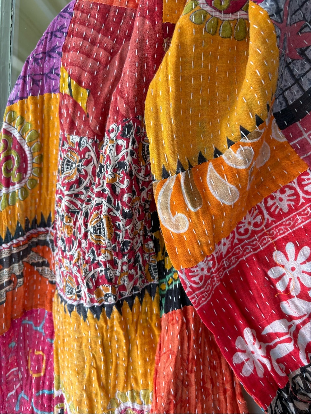 Vibrant Patchwork Kantha Scarf in Orange, Pink & Purple - Picture 2 of 5